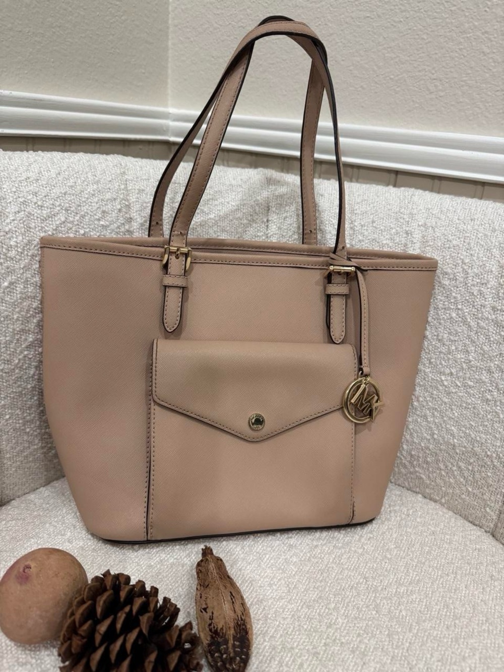 Michael Kors Blush Pink Leather Tote with Front Pocket and MK Charm